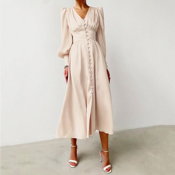 propcm beige single breasted dress party clud high waist satin long dress elegant v neck women midi dresses lantern sleeve, Black;gray
propcm beige single breasted dress party clud high waist satin long dress elegant v neck women midi dresses lantern sleeve, Black;gray
