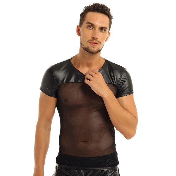 men black faux leather mesh patchwork t-shirt short sleeve v-neck summer vacation beach shirts nightclub rave wear costume men's t-shi, White;black
men black faux leather mesh patchwork t-shirt short sleeve v-neck summer vacation beach shirts nightclub rave wear costume men's t-shi, White;black