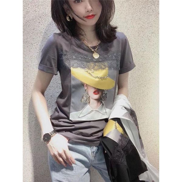 women's short-sleeved cotton t-shirt lace stitching printing temperament ins summer fashion clothing, White
women's short-sleeved cotton t-shirt lace stitching printing temperament ins summer fashion clothing, White