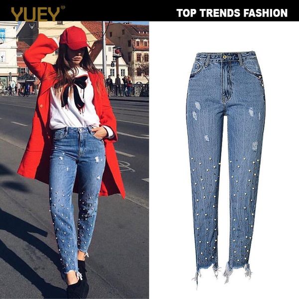 women's jeans fashion high waist slim straight pearl rivets studded irregular foot tassels holes denim pants casual streetwear, Blue
women's jeans fashion high waist slim straight pearl rivets studded irregular foot tassels holes denim pants casual streetwear, Blue