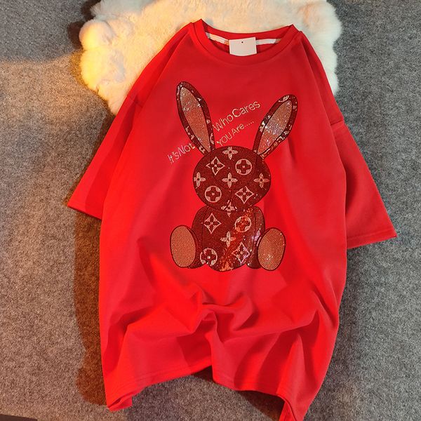 t shirt heavy industry drill rabbit fashion brand short sleeve medium length women's thiened loose long style couple, White
t shirt heavy industry drill rabbit fashion brand short sleeve medium length women's thiened loose long style couple, White