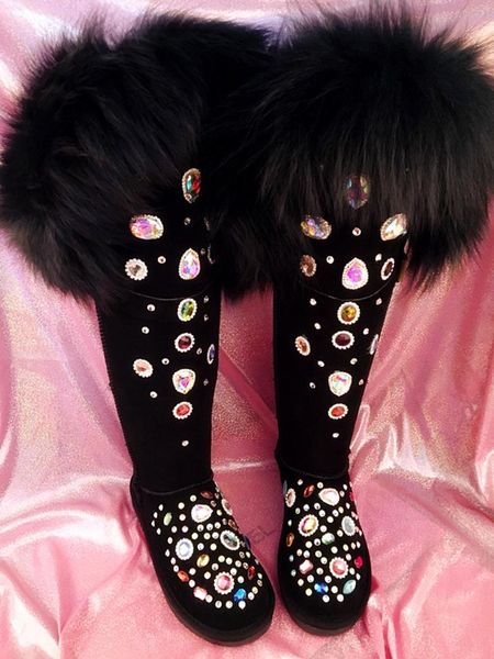 boots women's fur lining real trim suede leather over the knee high rainbow diamond thick shoes winter snow warm, Black
boots women's fur lining real trim suede leather over the knee high rainbow diamond thick shoes winter snow warm, Black