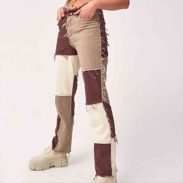 women patchwork high waist straight leg pants outfits jeans color block trousers brown contrast stitch pants, Blue
women patchwork high waist straight leg pants outfits jeans color block trousers brown contrast stitch pants, Blue