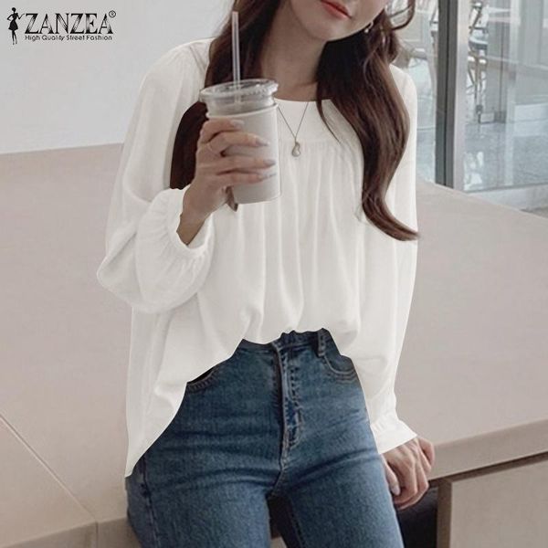 women's blouses & shirts summer zanzea 2021 elegant pleated casual long sleeve blusas female solid tunic streetwear chemise, White
women's blouses & shirts summer zanzea 2021 elegant pleated casual long sleeve blusas female solid tunic streetwear chemise, White