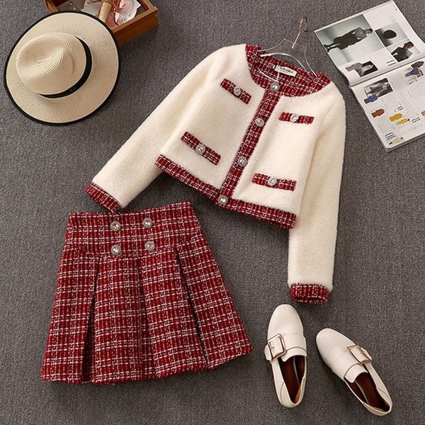 two piece dress single winter autumn breasted style two thick female ensemble red tweed wool jacket and tender skirt cwes, White
two piece dress single winter autumn breasted style two thick female ensemble red tweed wool jacket and tender skirt cwes, White
