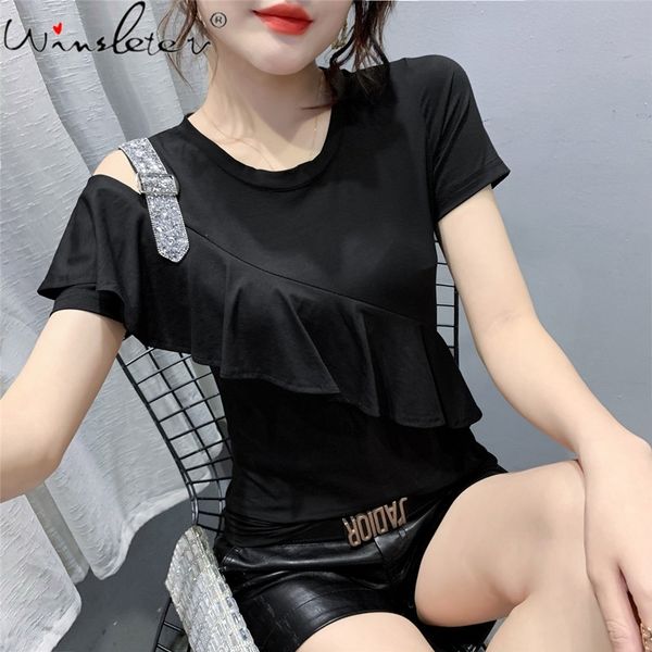 women's t-shirt summer korean style cotton girl fashion hollow out ruffles diamonds women short sleeve tees t14313a aix5, White
women's t-shirt summer korean style cotton girl fashion hollow out ruffles diamonds women short sleeve tees t14313a aix5, White