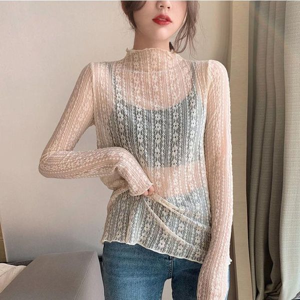 women's blouses & shirts women fashion long sleeve sheer mesh solid blouse lace blusas under elastic slim 2021, White
women's blouses & shirts women fashion long sleeve sheer mesh solid blouse lace blusas under elastic slim 2021, White