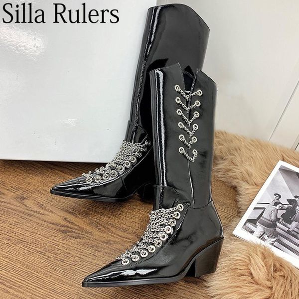 boots metal chain pointed toe knee high woman chunky heels wide shaft show for real leather knight women, Black
boots metal chain pointed toe knee high woman chunky heels wide shaft show for real leather knight women, Black