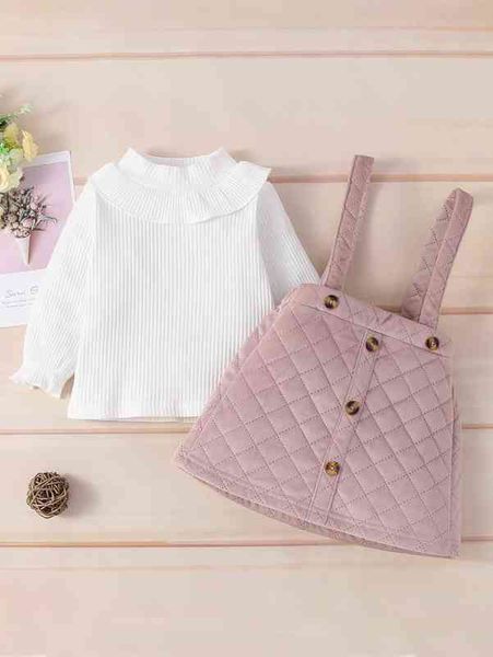 baby ruffle trim mock neck tee & quilted pinafore skirt she, White