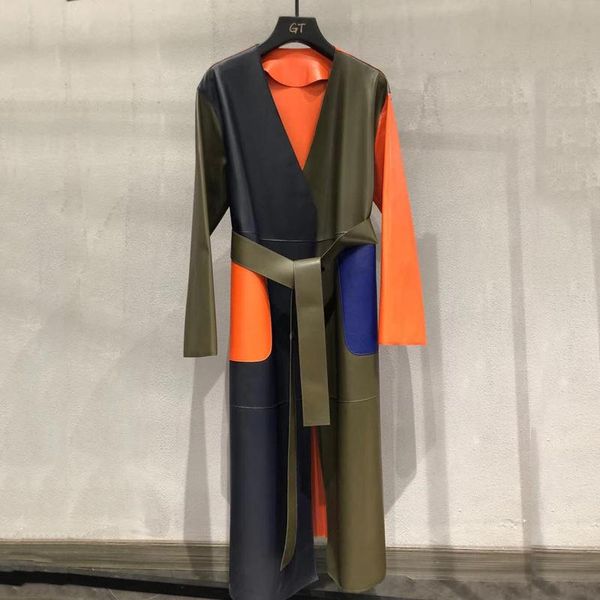 women's leather & faux high coat quality spring women genuine jacket multicolor spliced style v-neck collar clothes with sashes sheepsk, Black
women's leather & faux high coat quality spring women genuine jacket multicolor spliced style v-neck collar clothes with sashes sheepsk, Black