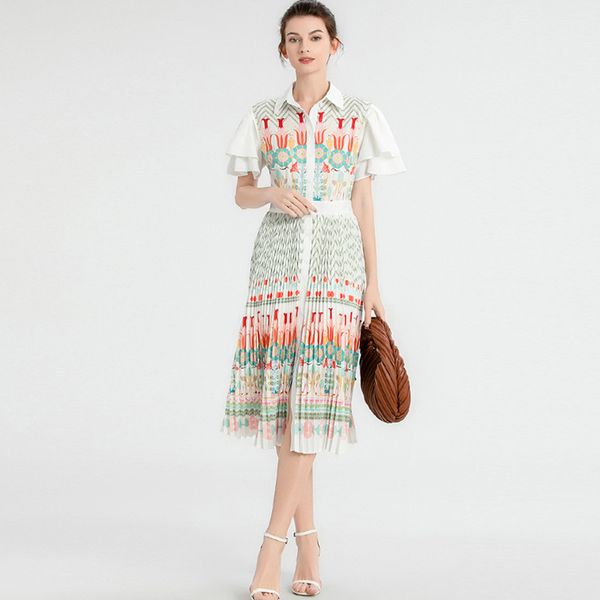 women's runway dress turn down collar short sleeves floral printed pleated fashion high street designer summer dresses vetidos, Black
women's runway dress turn down collar short sleeves floral printed pleated fashion high street designer summer dresses vetidos, Black