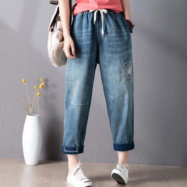 women elastic high waist denim trouser spring autumn fashion loose casual harem ankle length pant vintage patchwork cotton jeans women', Blue
women elastic high waist denim trouser spring autumn fashion loose casual harem ankle length pant vintage patchwork cotton jeans women', Blue