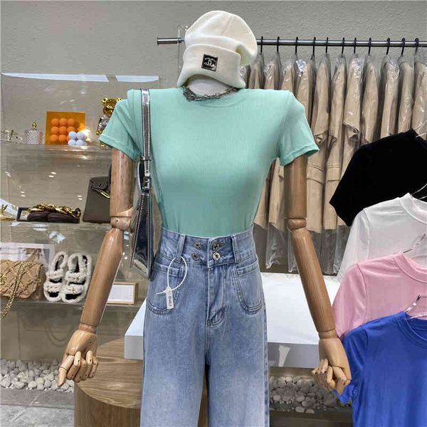 niche design 2021 basic color around the neck short t-shirt sleeve simple wind show thin top, White
niche design 2021 basic color around the neck short t-shirt sleeve simple wind show thin top, White