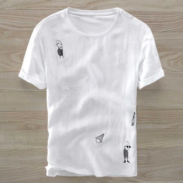men's t-shirts fashionable short sleeve t-shirt with embroidery cartoon white summer casual men linen cotton tees and male, White;black
men's t-shirts fashionable short sleeve t-shirt with embroidery cartoon white summer casual men linen cotton tees and male, White;black