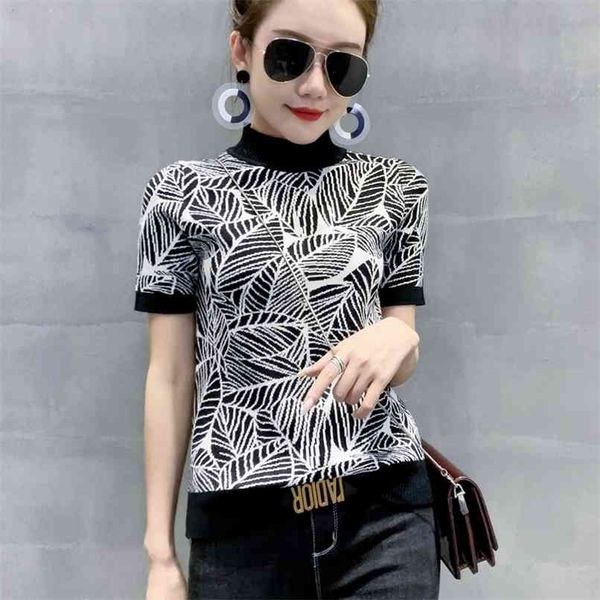 fashion women's knitwear spring/summer leaf jacquard half high neck base sweater slim short sleeve t-shirt 210520, White
fashion women's knitwear spring/summer leaf jacquard half high neck base sweater slim short sleeve t-shirt 210520, White