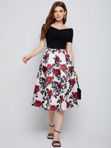 off shoulder colorblock floral pleated hem combo dress k3do#, Black;gray 
off shoulder colorblock floral pleated hem combo dress k3do#, Black;gray