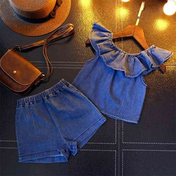 summer girls' clothing sets fashion denim shoulder flying sleeve + shorts 2pcs baby kids clothes suit children 210625, White
summer girls' clothing sets fashion denim shoulder flying sleeve + shorts 2pcs baby kids clothes suit children 210625, White