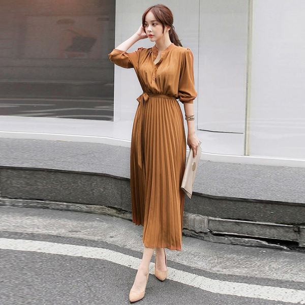 office ladies sleeve single breasted pleated summer women elegant stand collar bow belt chiffon long dresses 210416, Black;gray
office ladies sleeve single breasted pleated summer women elegant stand collar bow belt chiffon long dresses 210416, Black;gray