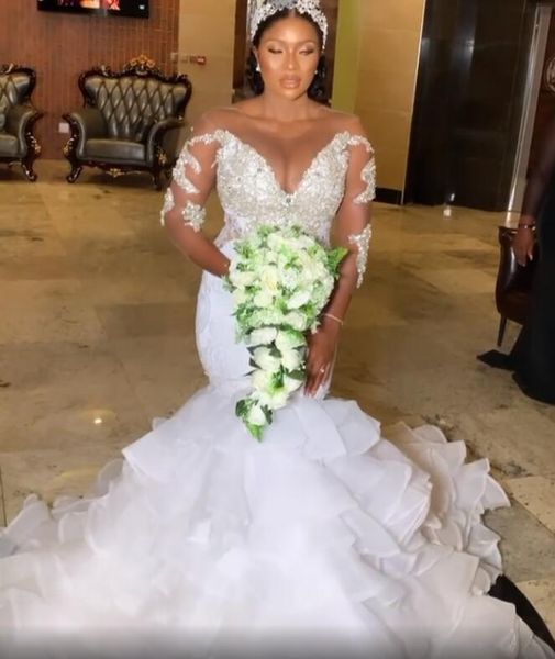 2021 plus size arabic aso ebi luxurious beaded crystals wedding gowns long sleeves mermaid sheer neck bridal dresses zj276, White
2021 plus size arabic aso ebi luxurious beaded crystals wedding gowns long sleeves mermaid sheer neck bridal dresses zj276, White