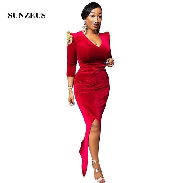 party dresses red velour evening with three quarter sleeves sheath v-neck formal gowns split side african women dress, White;black
party dresses red velour evening with three quarter sleeves sheath v-neck formal gowns split side african women dress, White;black