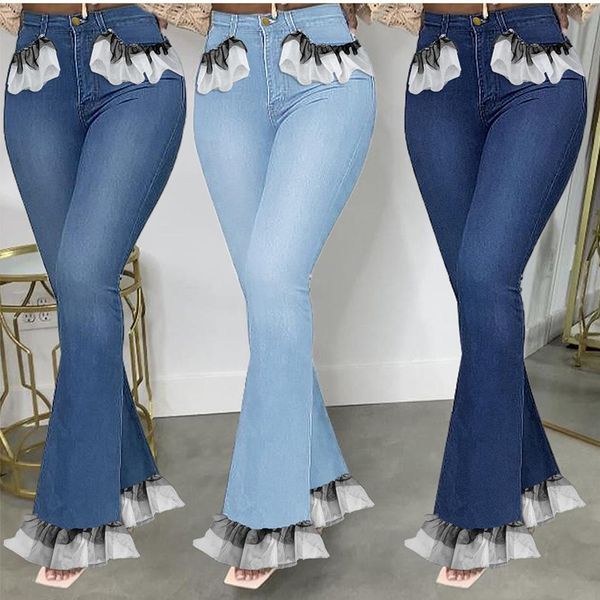 women's jeans plus size high wais flared fashion patchwork lace wide leg pants slim zipper trouser, Blue
women's jeans plus size high wais flared fashion patchwork lace wide leg pants slim zipper trouser, Blue