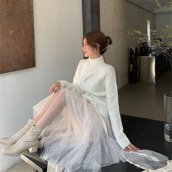 real s ~ high neck pullover sweater women autumn and winter korean version of the wild lace up thin knit women's two piece pants, White
real s ~ high neck pullover sweater women autumn and winter korean version of the wild lace up thin knit women's two piece pants, White