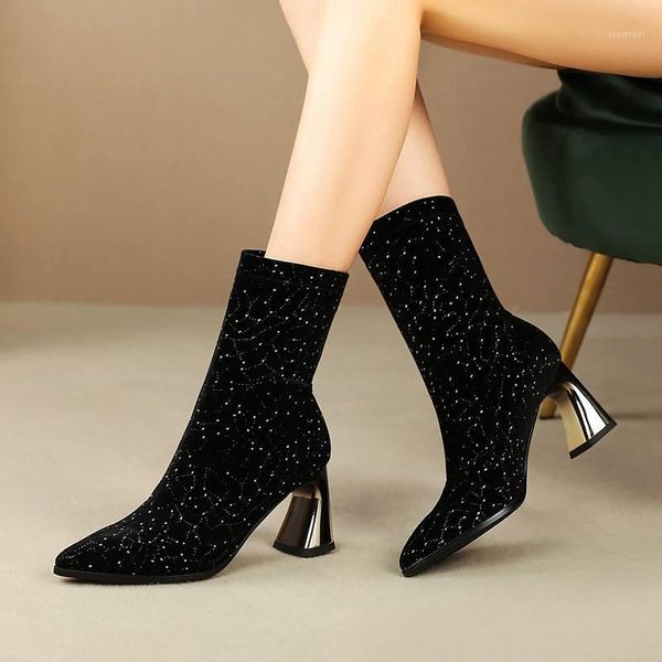 boots bottes femme winter shoes women's stretch flock bling slip on high heels pointed toe keep warm mid-calf mujer1, Black
boots bottes femme winter shoes women's stretch flock bling slip on high heels pointed toe keep warm mid-calf mujer1, Black