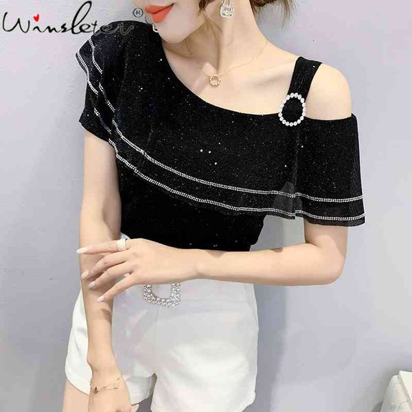 women's t-shirt summer european clothes chic off shoulder ruffles shiny diamonds women short sleeve all match tees t1520, White
women's t-shirt summer european clothes chic off shoulder ruffles shiny diamonds women short sleeve all match tees t1520, White