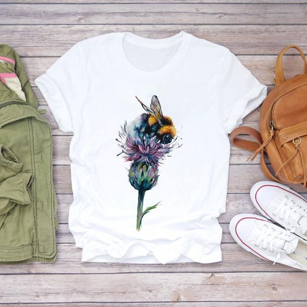 women's t-shirt trend ladies print lady womens graphic t shirt female tee women t-shirts bee flower watercolor short sleeve, White 
women's t-shirt trend ladies print lady womens graphic t shirt female tee women t-shirts bee flower watercolor short sleeve, White