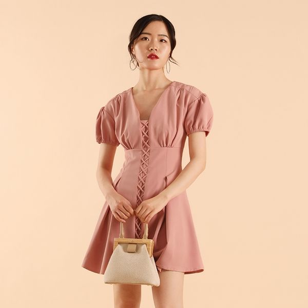 women dress solid cross design high waist swing v-neck bubble sleeve mini dresses 210608, Black;gray
women dress solid cross design high waist swing v-neck bubble sleeve mini dresses 210608, Black;gray