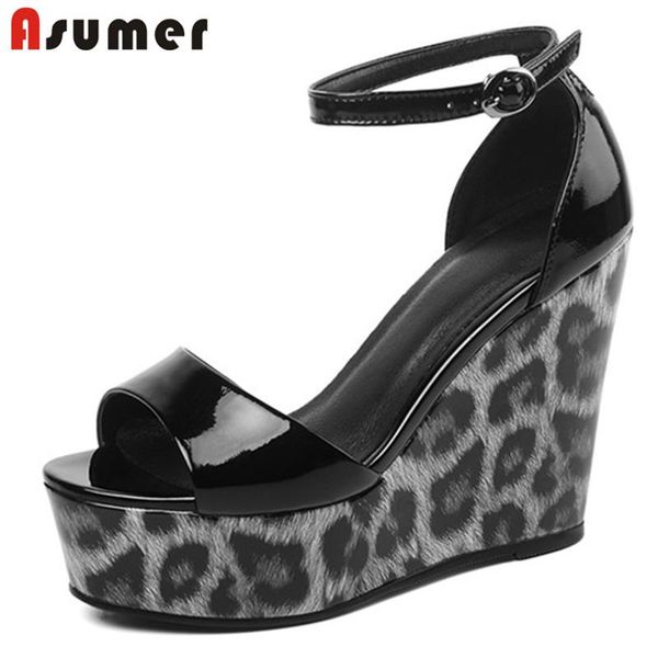 est 11cm high heels ladies sandals patent leather buckle leopard summer party shoes women wedges platform, Black
est 11cm high heels ladies sandals patent leather buckle leopard summer party shoes women wedges platform, Black