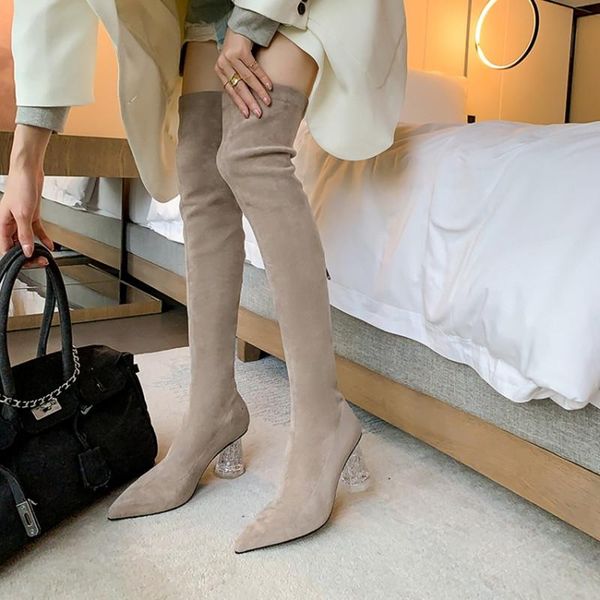 boots ochanmeb elastic stretch faux suede leather over-the-knee high women clear transparent heels shoes woman, Black