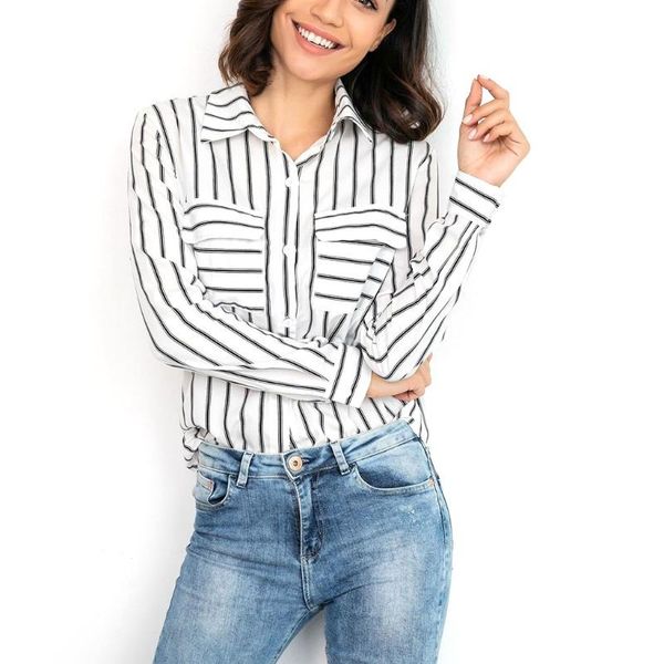 women's blouses & shirts women long sleeves buttons down v neck vertical striped loose shirt, White
women's blouses & shirts women long sleeves buttons down v neck vertical striped loose shirt, White