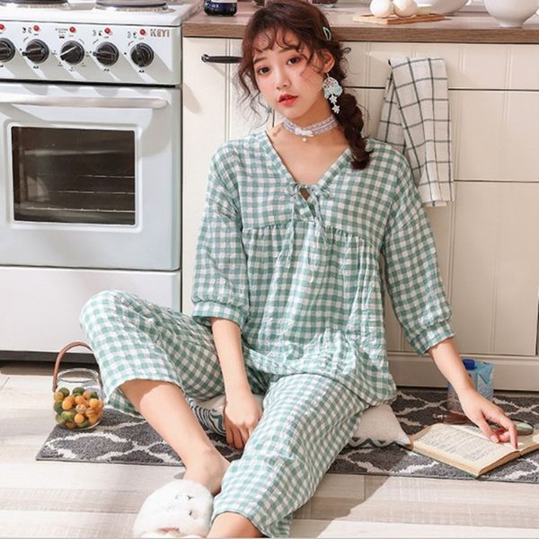 women's sleepwear pajamas plaid 3/4 sleeve pant set v-neck seersucker cotton pyjamas women spring summer pijama home suit jjpm, Black;red
women's sleepwear pajamas plaid 3/4 sleeve pant set v-neck seersucker cotton pyjamas women spring summer pijama home suit jjpm, Black;red