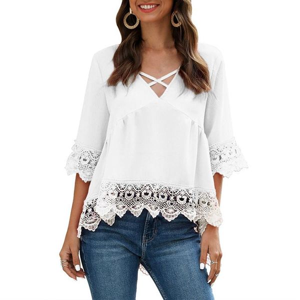 women's blouses & shirts fashion summer five-point sleeve lace open loose top, White
women's blouses & shirts fashion summer five-point sleeve lace open loose top, White