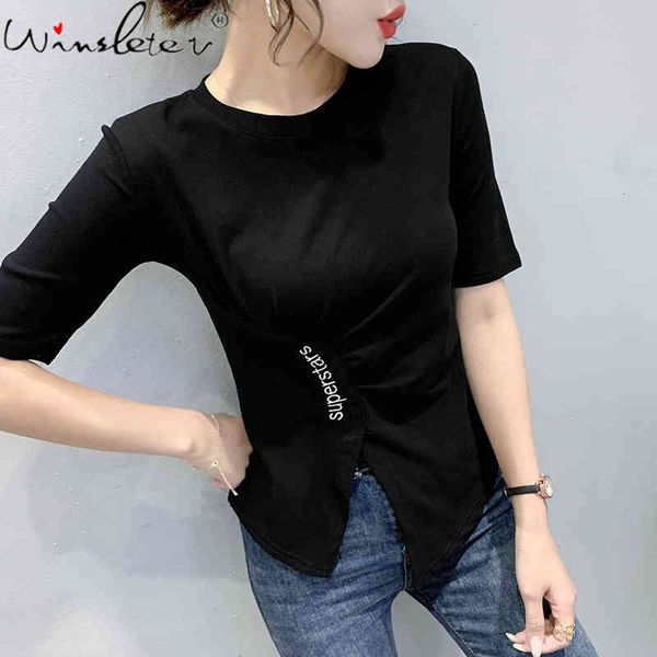 women's t-shirt summer korean clothes cotton girl fashion o-neck irregularity embroidery letter split women tees 2021 t1, White
women's t-shirt summer korean clothes cotton girl fashion o-neck irregularity embroidery letter split women tees 2021 t1, White