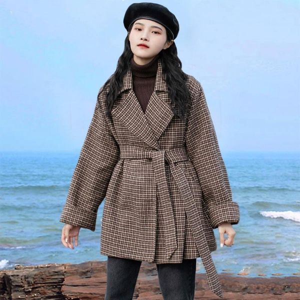 women's wool & blends plaid blend coat turn-down collar woolen coats korean vintage jacket warm outwear slim with belt y842, Black
women's wool & blends plaid blend coat turn-down collar woolen coats korean vintage jacket warm outwear slim with belt y842, Black