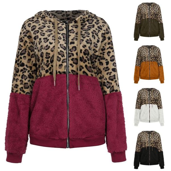 women's hoodies & sweatshirts plush coat leopard patchwork print jacket women casual fashion long-sleeved hooded high street wear, Black