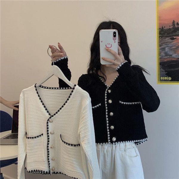 women's knits & tees knit cardigan contrast color v-neck hemming loose thin long sleeve women, White
women's knits & tees knit cardigan contrast color v-neck hemming loose thin long sleeve women, White