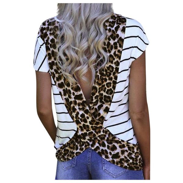 women's t-shirt alternative halter round neck stripe patchwork print short sleeve open back moda mujer, White
women's t-shirt alternative halter round neck stripe patchwork print short sleeve open back moda mujer, White