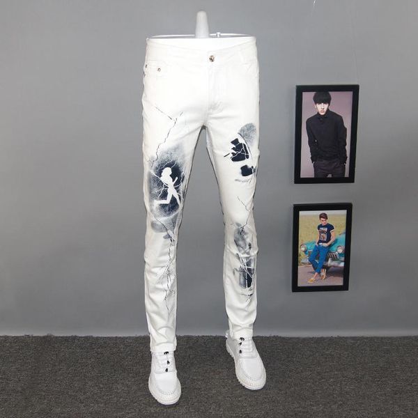 men's summer jeans cotton blended white casual pants slim thin long trouser with ink-spray printing, Black
men's summer jeans cotton blended white casual pants slim thin long trouser with ink-spray printing, Black