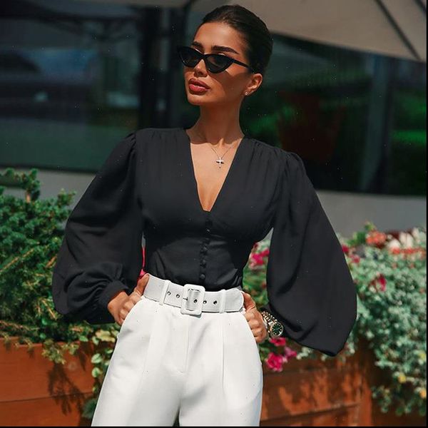 ricorit women shirt v neck blouse woman deep black button lantern long sleeve slim elegant lady, White
ricorit women shirt v neck blouse woman deep black button lantern long sleeve slim elegant lady, White