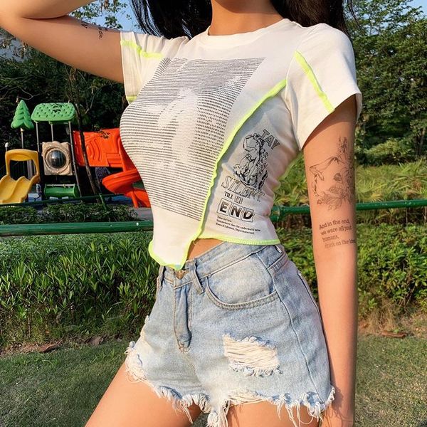 women's t-shirt 2021 round neck splice short sleeve asymmetric hem harajuku printed slim cropped summer casual streetwear, White
women's t-shirt 2021 round neck splice short sleeve asymmetric hem harajuku printed slim cropped summer casual streetwear, White
