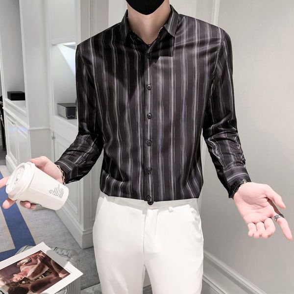 men's casual shirts 2021 korean slim striped men long sleeve business formal dress streetwear social party tuxedo clothing, White;black
men's casual shirts 2021 korean slim striped men long sleeve business formal dress streetwear social party tuxedo clothing, White;black