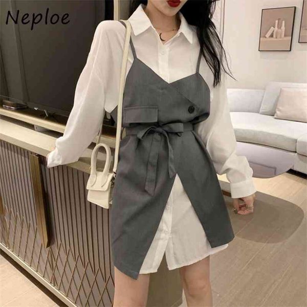 chic suit irregular lace up camis dress women + solid color turn-down collar shirt fashion 2 piece set 210422, White
