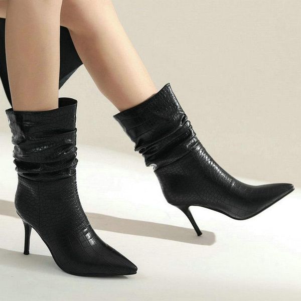 boots faux leather women ankle fashion pointed toe thin heel short pleated slip on woman's shoes 2021, Black
boots faux leather women ankle fashion pointed toe thin heel short pleated slip on woman's shoes 2021, Black