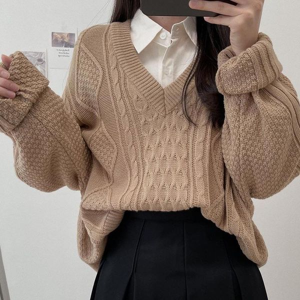 women's sweaters 2021 v neck women sweater twist knitted autumn winter long sleeve casual cropped pullover oversized korean fashion jum, White;black
women's sweaters 2021 v neck women sweater twist knitted autumn winter long sleeve casual cropped pullover oversized korean fashion jum, White;black