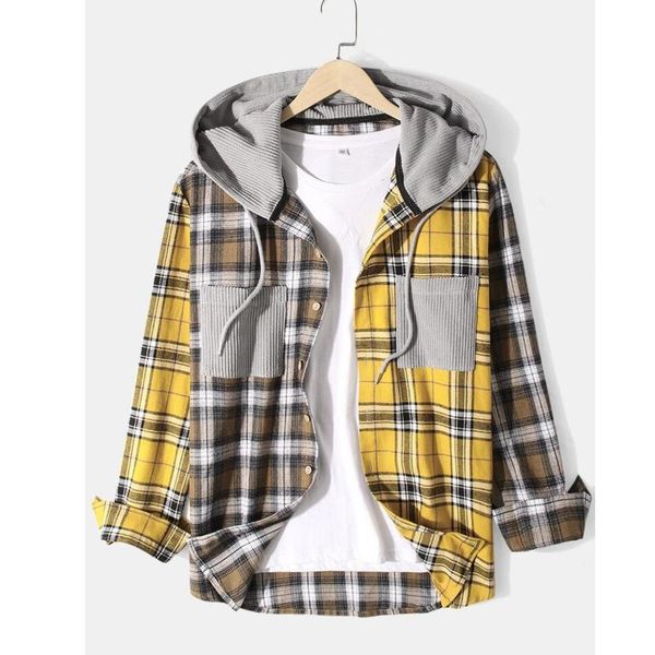men's casual shirts 2022 long sleeve patchwork plaid corduroy flannel shirt jacket with hood, White;black
men's casual shirts 2022 long sleeve patchwork plaid corduroy flannel shirt jacket with hood, White;black