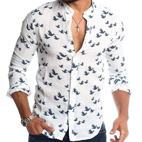 men's casual shirts shirt floral business european and american slim fit bird print solid color stand collar top, White;black
men's casual shirts shirt floral business european and american slim fit bird print solid color stand collar top, White;black