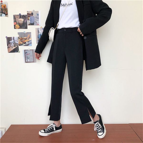 casual split all match ol flare trousers streetwear formal women black waist loose solid pants 210421, Black;white
casual split all match ol flare trousers streetwear formal women black waist loose solid pants 210421, Black;white